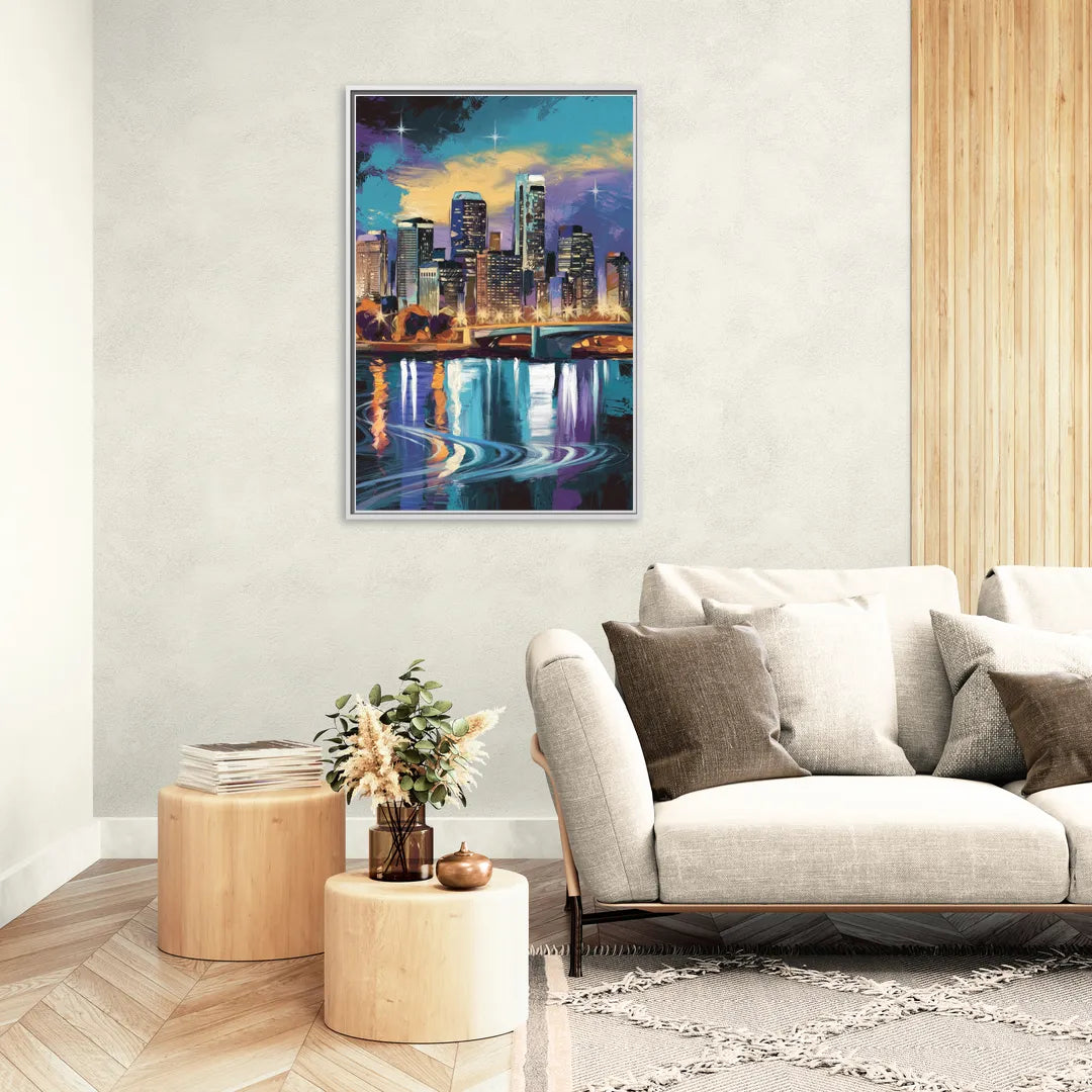 Minneapolis Urban Skyline Reflection - Living Room White Frame Canvas