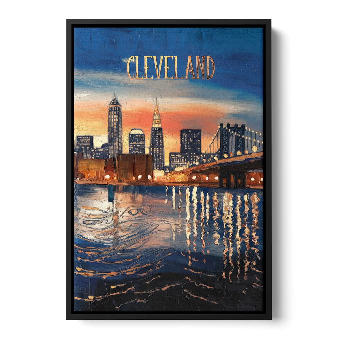 Cleveland Cityscape Panoramic - Black Frame Canvas