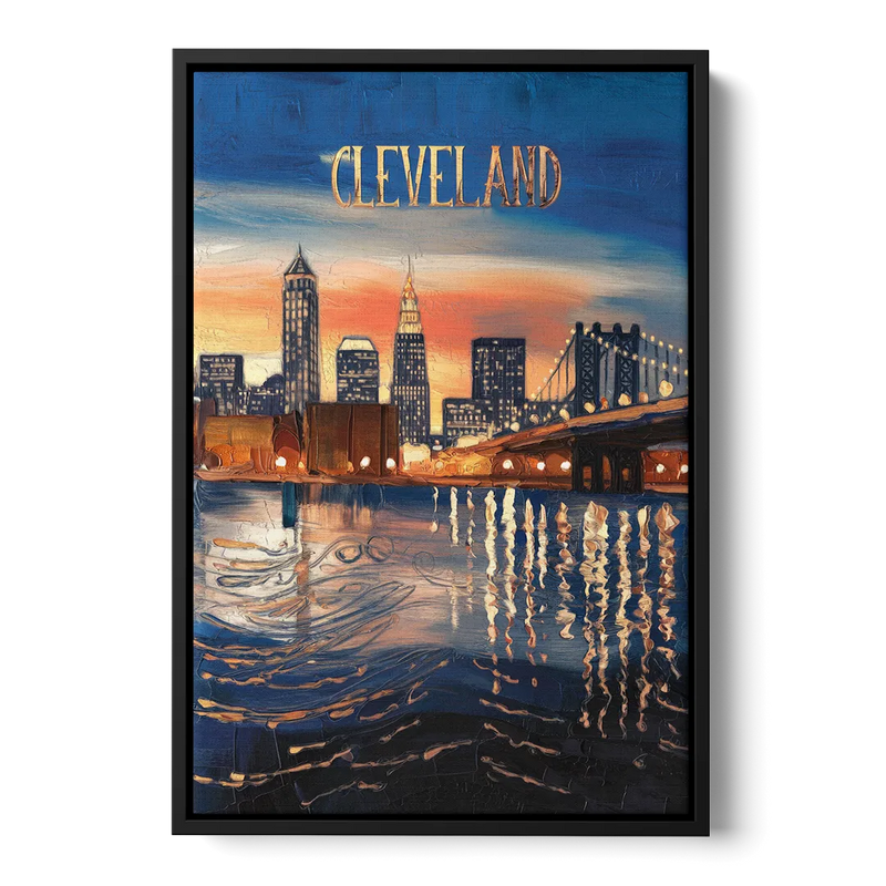 Cleveland Cityscape Panoramic - Black Frame Canvas