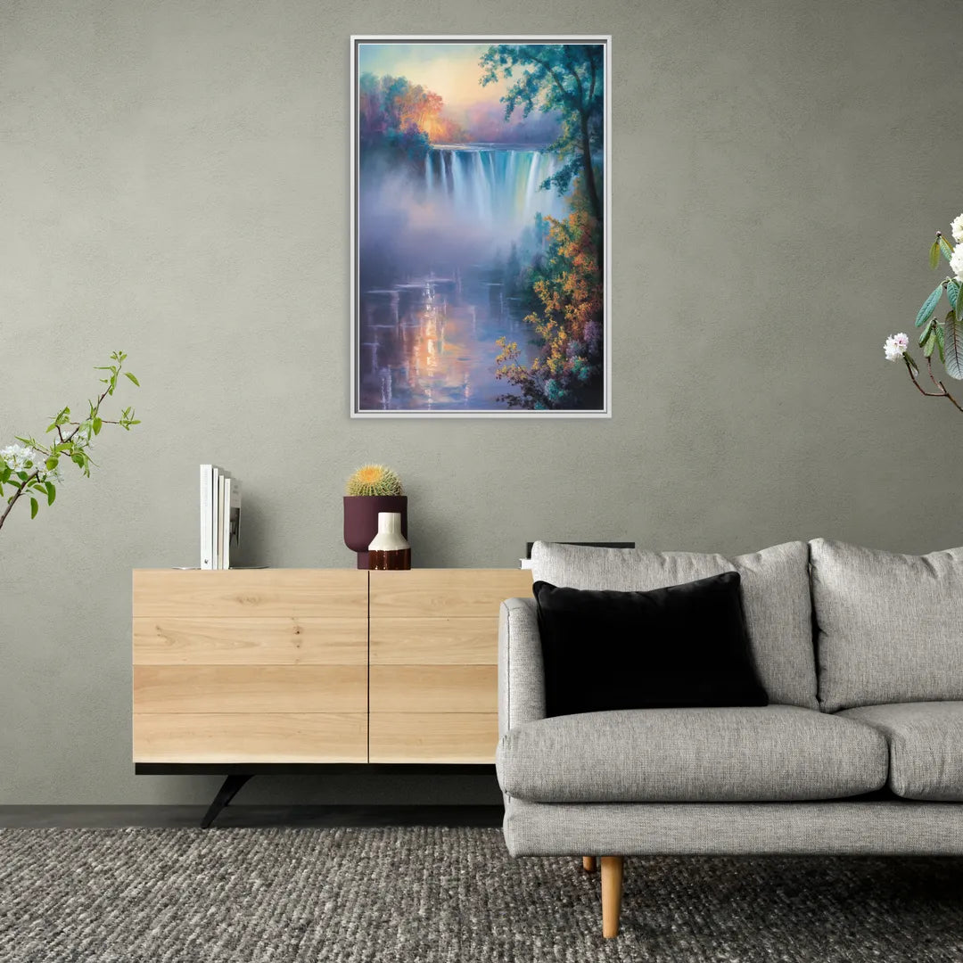 Horseshoe Falls Fog - Living Room White Frame Canvas
