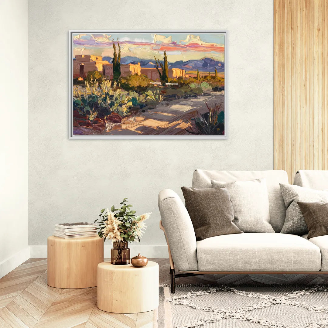 Santa Fe Sunset Landscape - Living Room White Frame Canvas