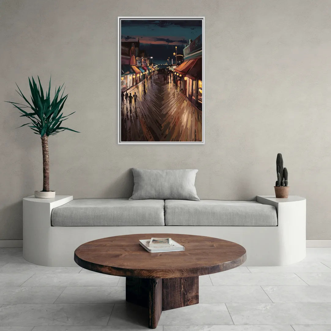 Jersey City Boardwalk Scene - Living Room White Frame Canvas