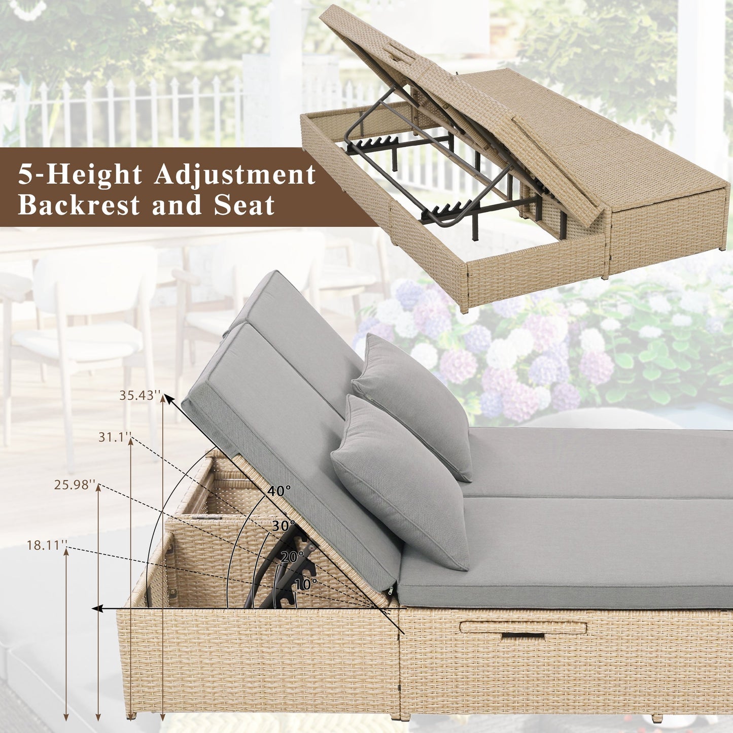 Outdoor Double Daybed – Reclining Wicker Rattan with Patio Cushions