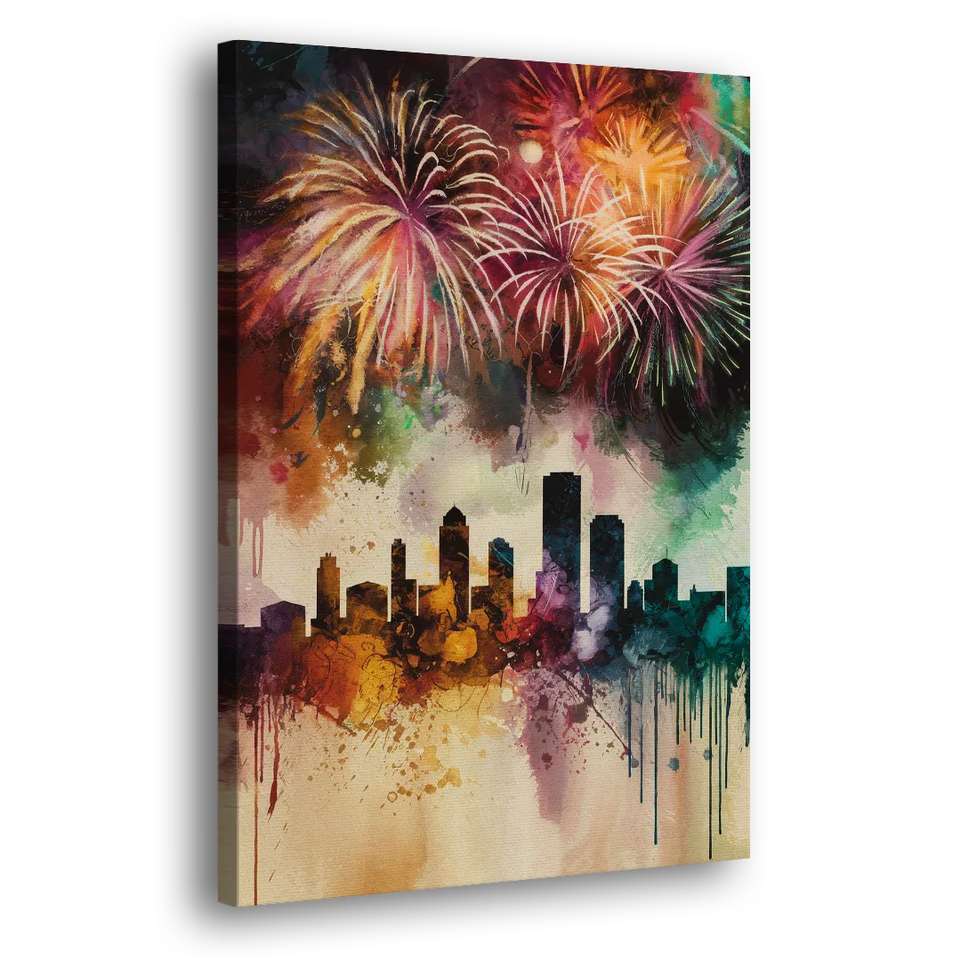 Buffalo Skyline with Fireworks - Canvas Print Art Sides