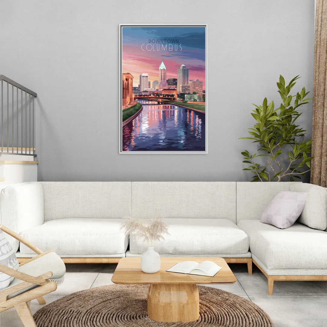 Columbus Downtown Panorama - Living Room White Frame Canvas