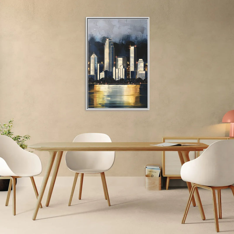 Irving Downtown Skyline - Living Room White Frame Canvas