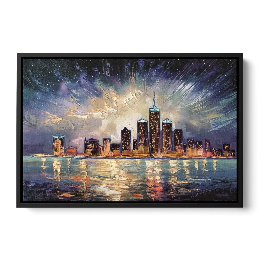 Detroit Skyline And Stars - Black Frame Canvas