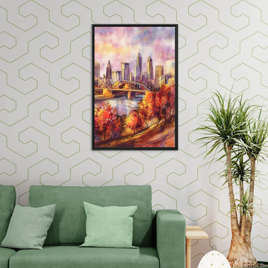 Cleveland Skyline in Autumn - Living Room Black Frame Canvas
