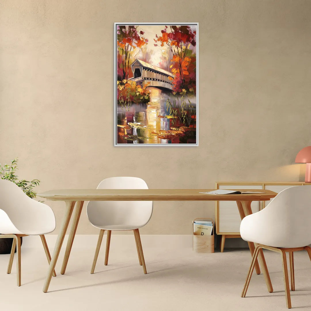 New Hope Covered Bridge Scene - Living Room White Frame Canvas