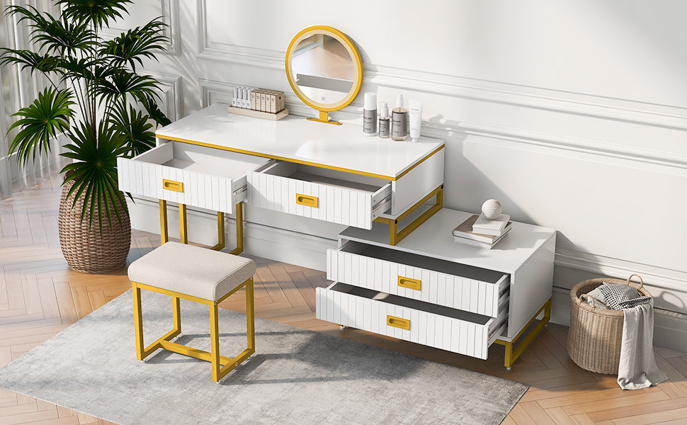 Elegant 4-Drawer Vanity Table with Side Cabinet – Modern Home Decor