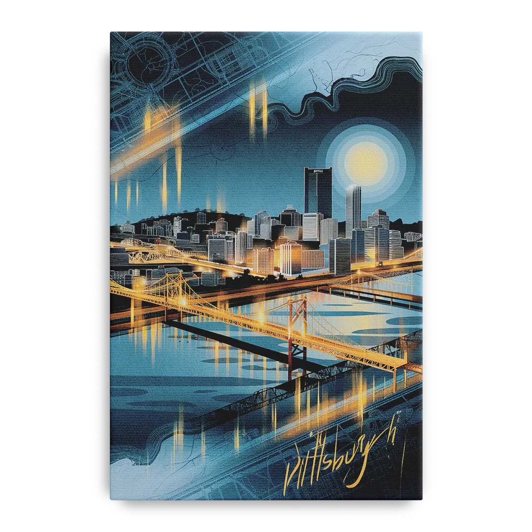 Pittsburgh Skyline and Map - Canvas Wall Art
