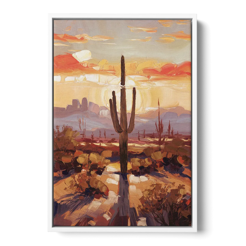 Phoenix Cactus Silhouette - White Frame Canvas