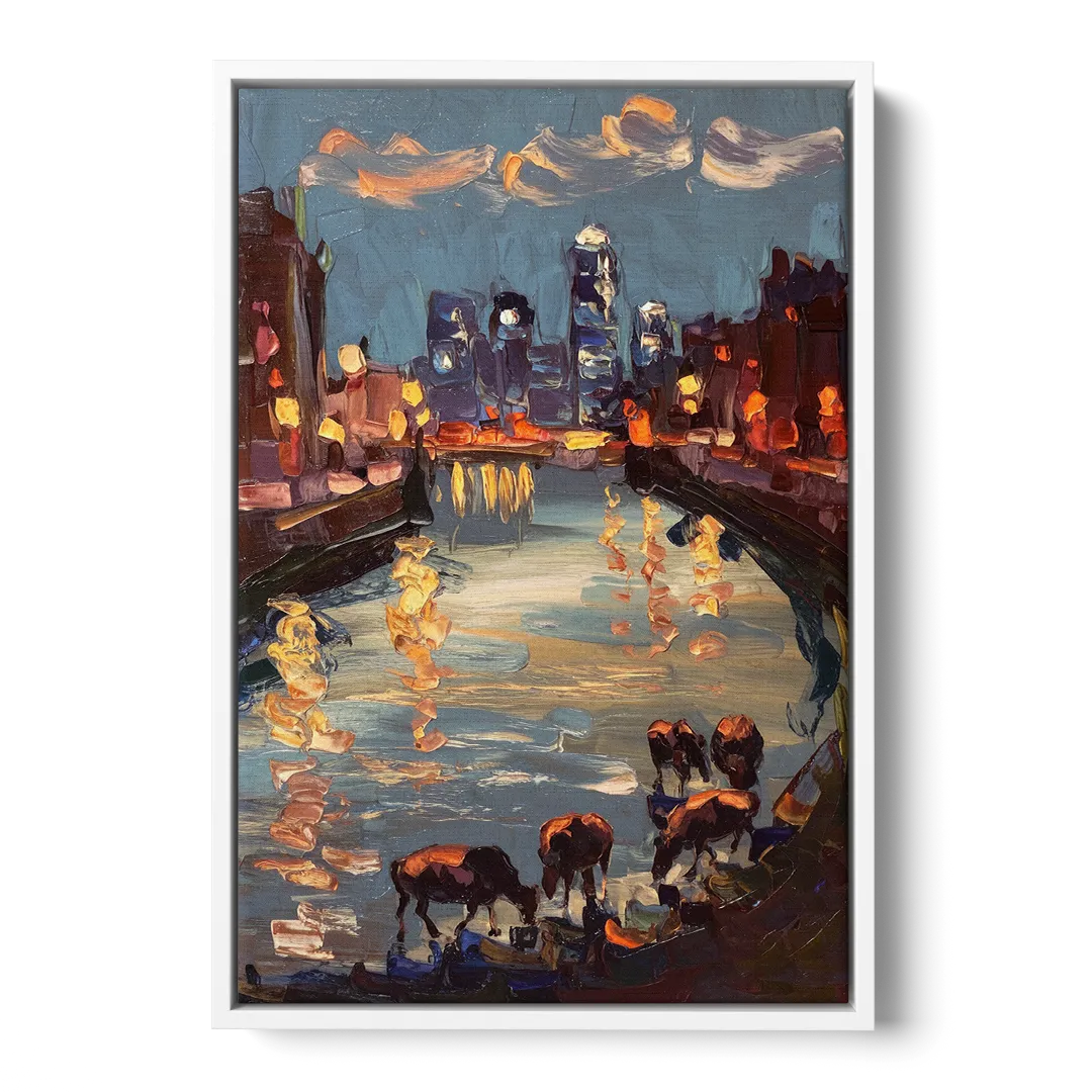 Buffalo Canalside at Night - White Frame Canvas