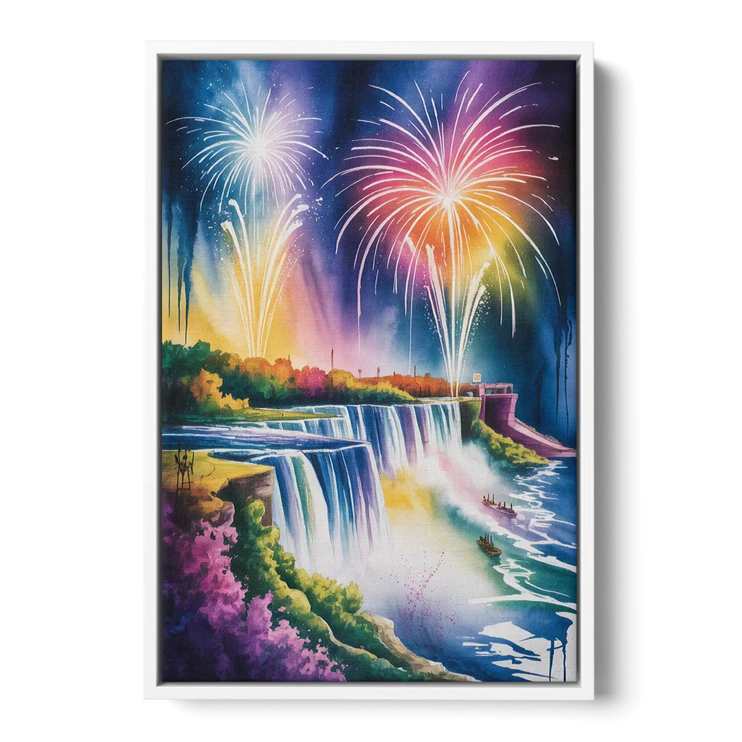 Niagara Falls Fireworks Show - White Frame Canvas