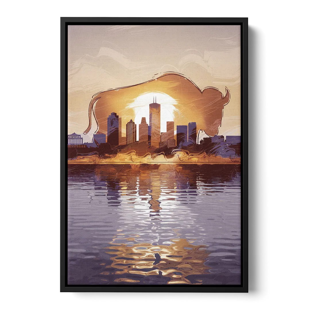 Buffalo Cityscape Reflection - Black Frame Canvas