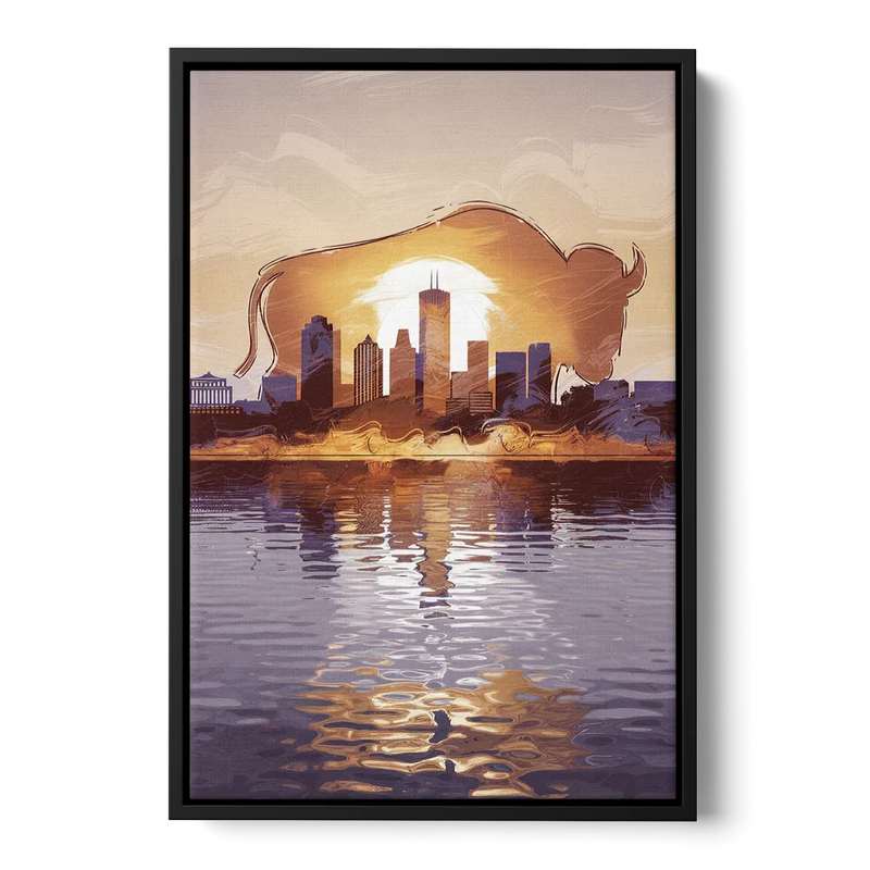 Buffalo Cityscape Reflection - Black Frame Canvas
