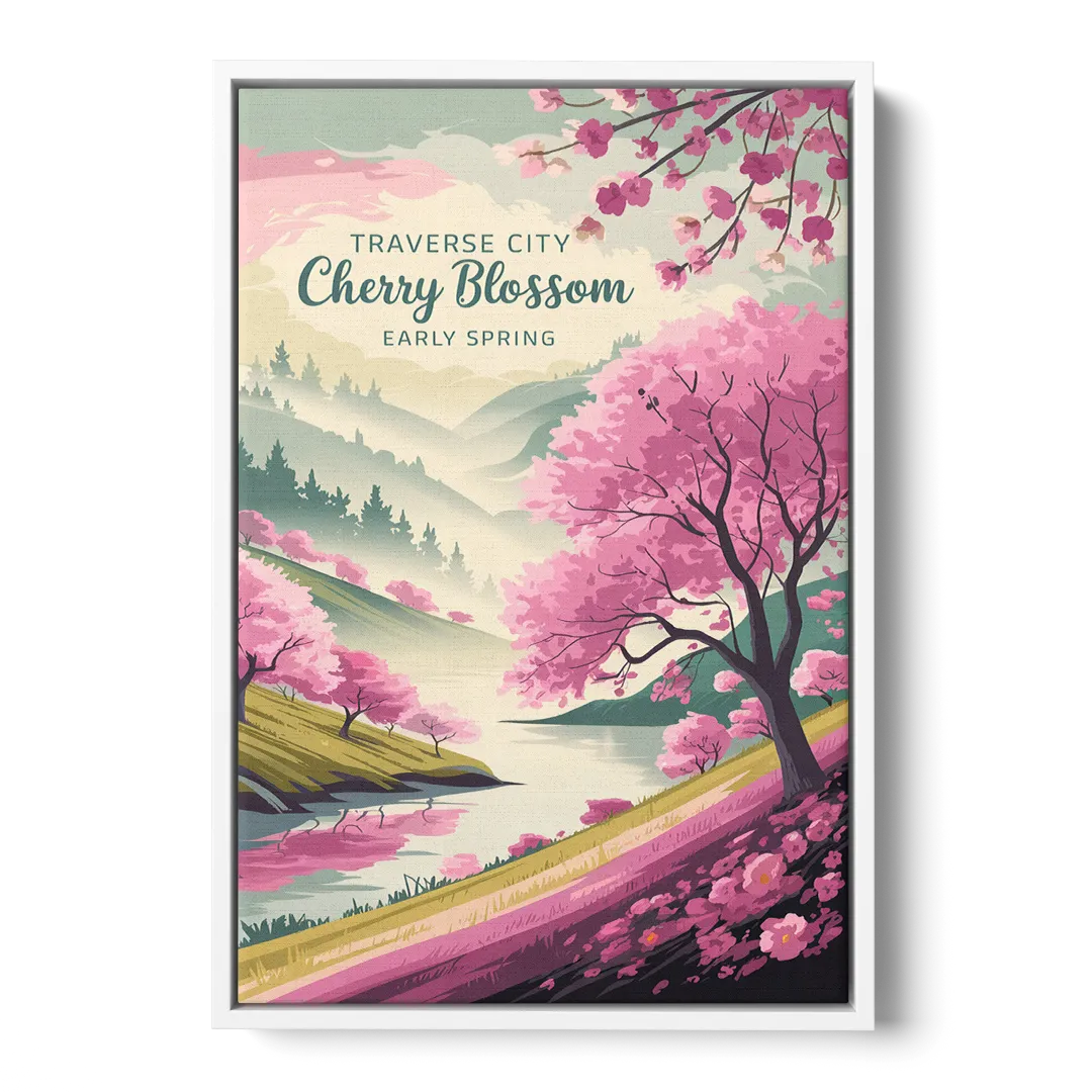 Traverse City Cherry Blossom Landscape - White Frame Canvas