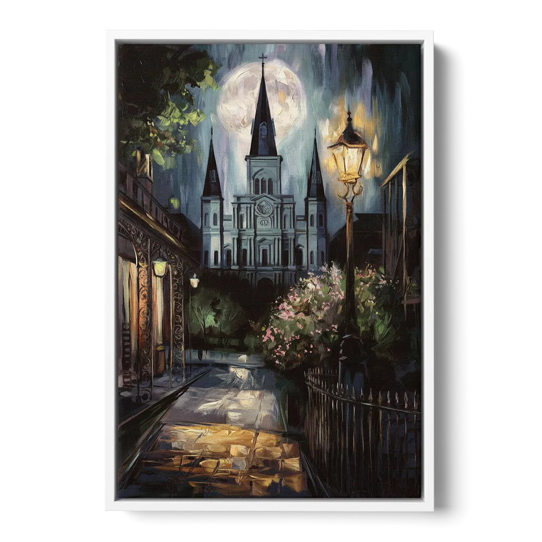 New Orleans Cathedral Silhouette - White Frame Canvas