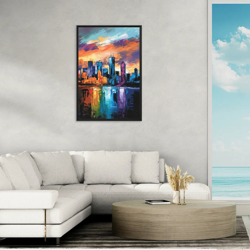 Oklahoma City Skyline with Thunder Colors - Living Room Black Frame Canvas