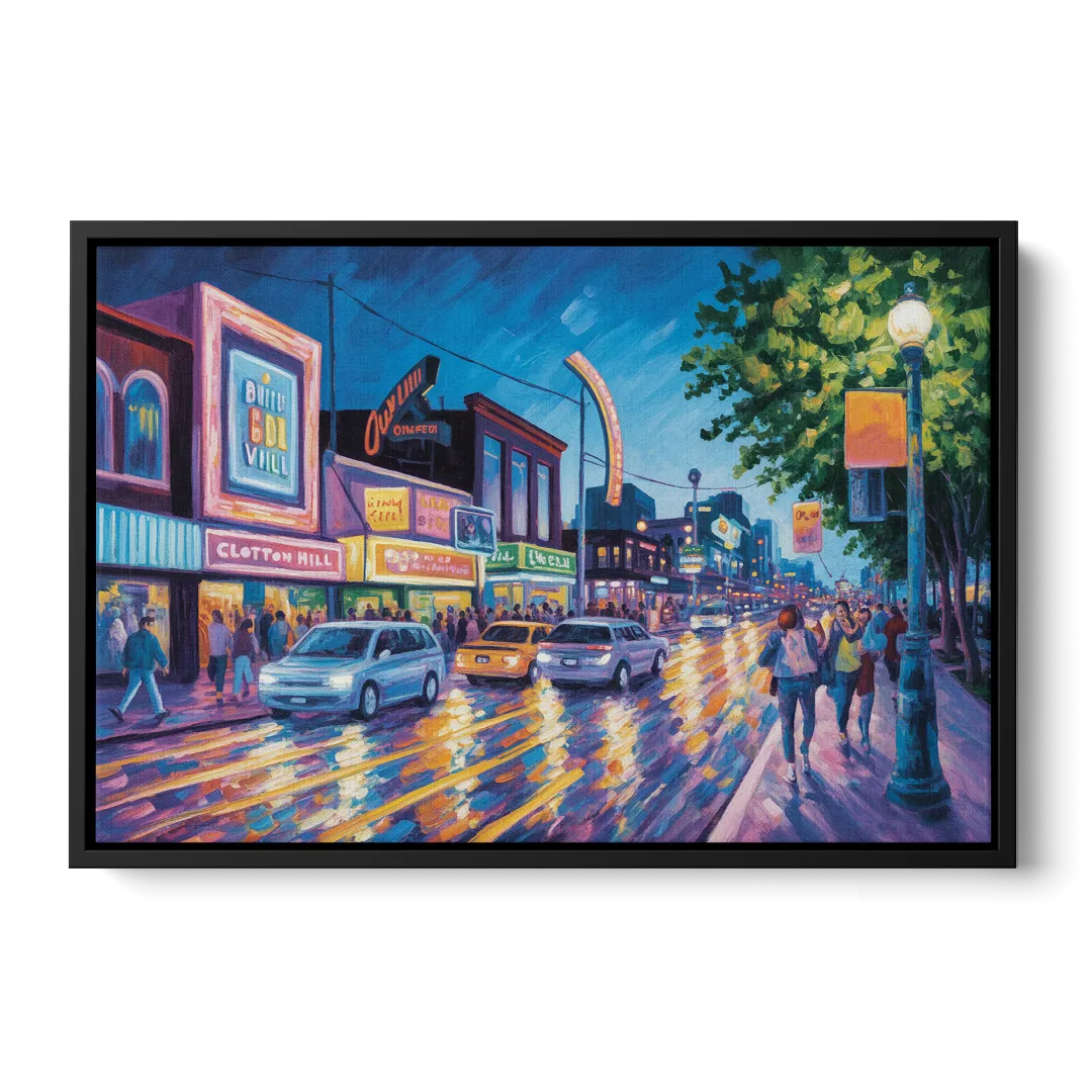 Clifton Hill Neon Lights - Black Frame Canvas