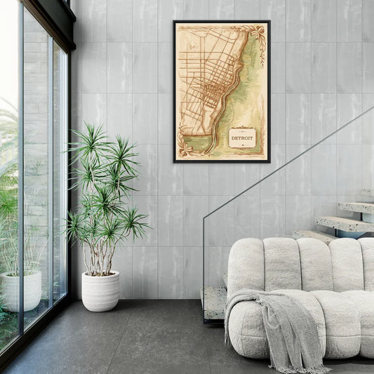 Detroit Vintage Map - Living Room Black Frame Canvas