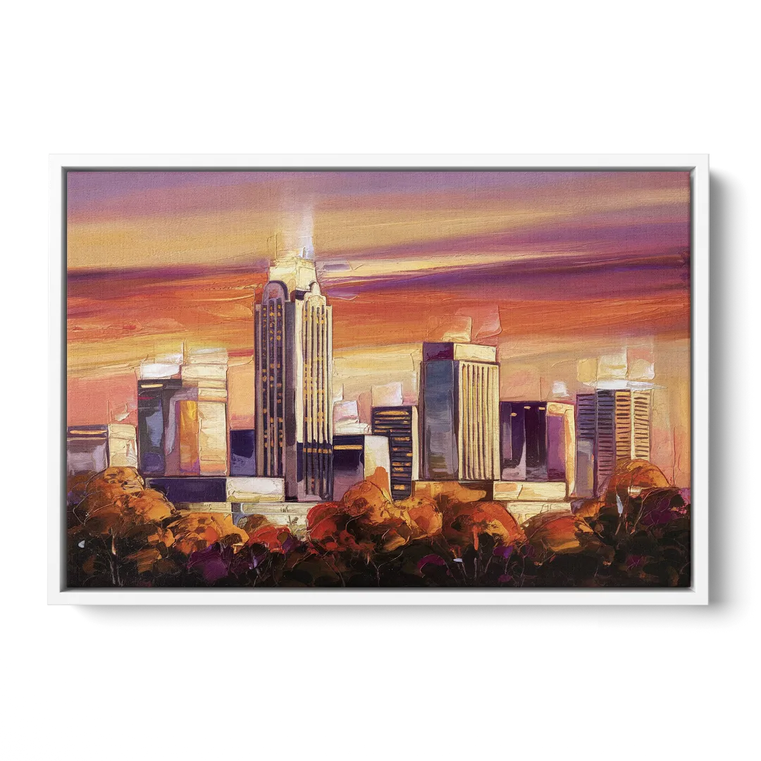 Raleigh Skyline Sunset - White Frame Canvas