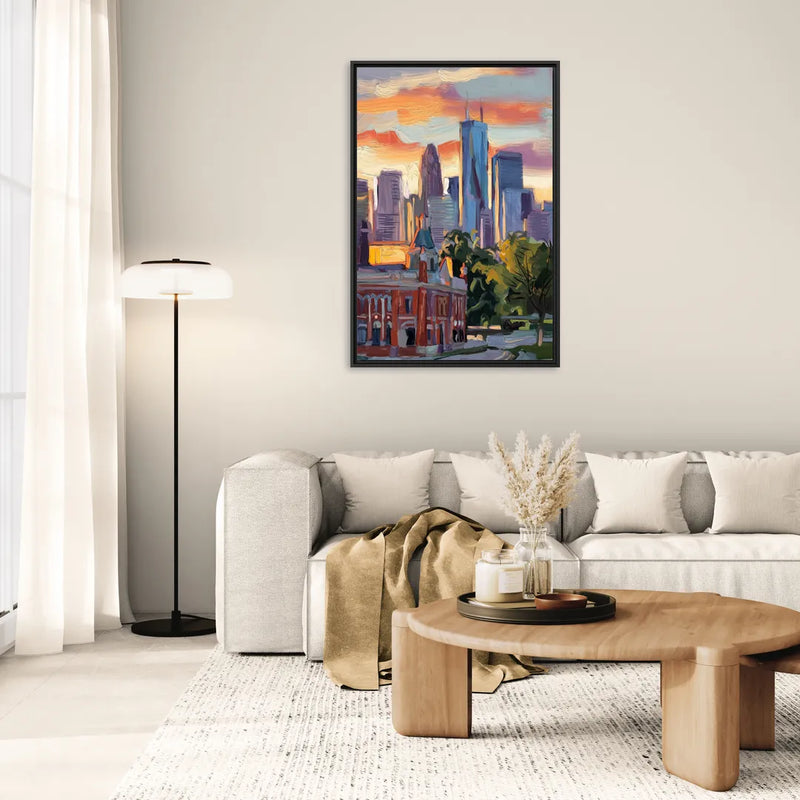 Kansas City Skyline at Sunset - Living Room Black Frame Canvas