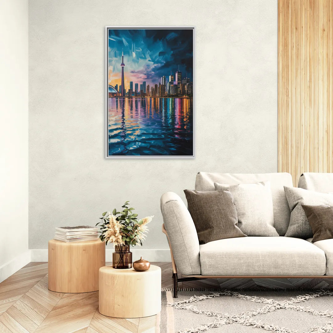 Toronto Skyline at Night Watercolor - Living Room White Frame Canvas