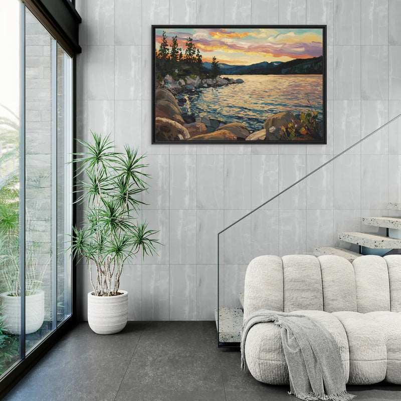 Lake Tahoe Sunset Reflections Serenity - Living Room Black Frame Canvas