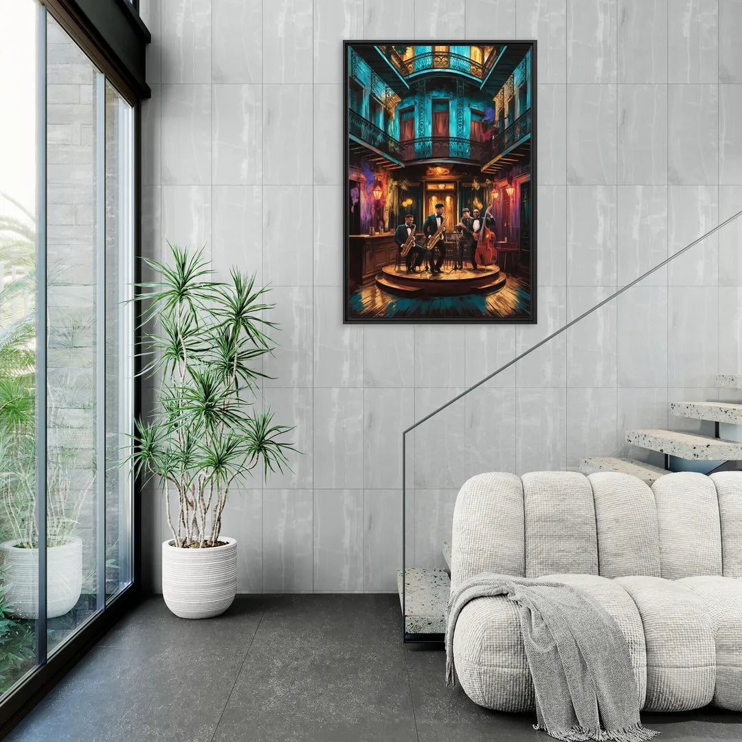 New Orleans Jazz Club Scene - Living Room Black Frame Canvas