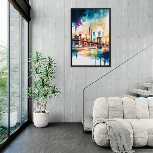 New York City Skyline in Watercolor Hudson - Living Room Black Frame Canvas