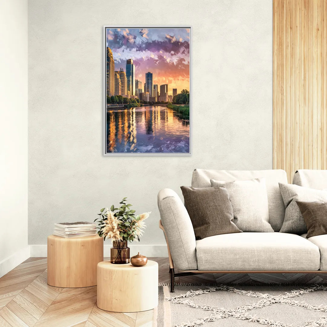 Riverside Modern Cityscape - Living Room White Frame Canvas