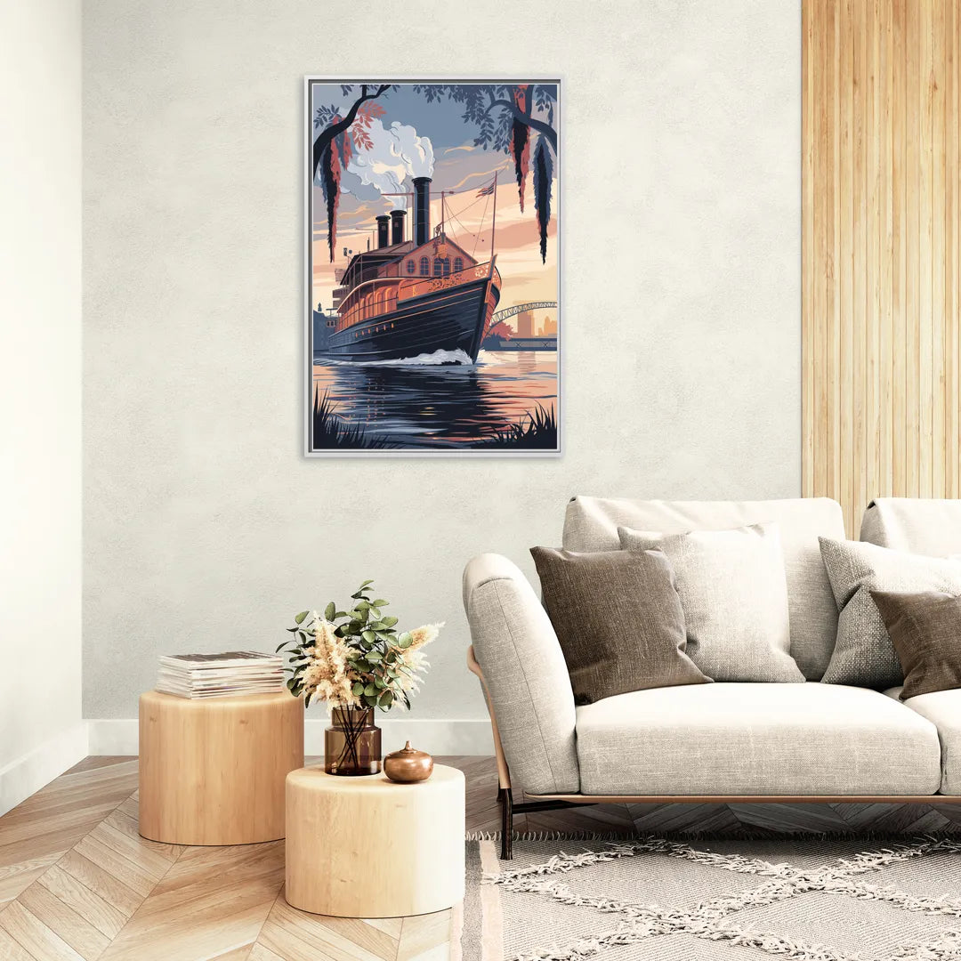 New Orleans Steamboat on the River - Living Room White Frame Canvas