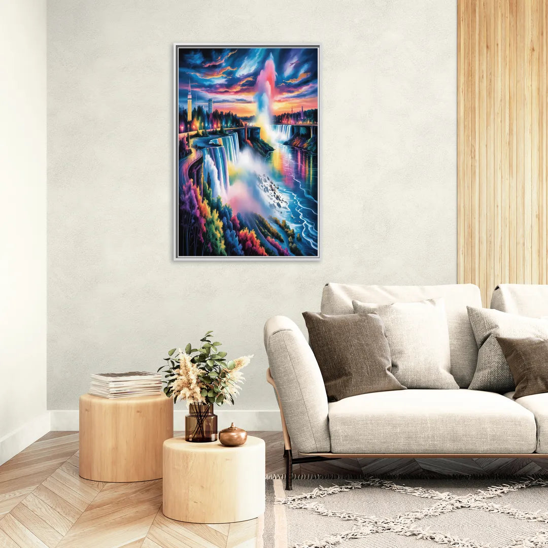 Niagara Falls Light Show - Living Room White Frame Canvas