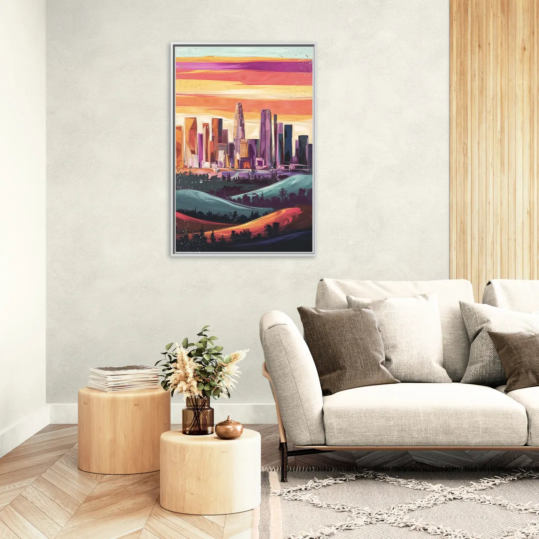 Los Angeles Skyline at Sunset - Living Room White Frame Canvas