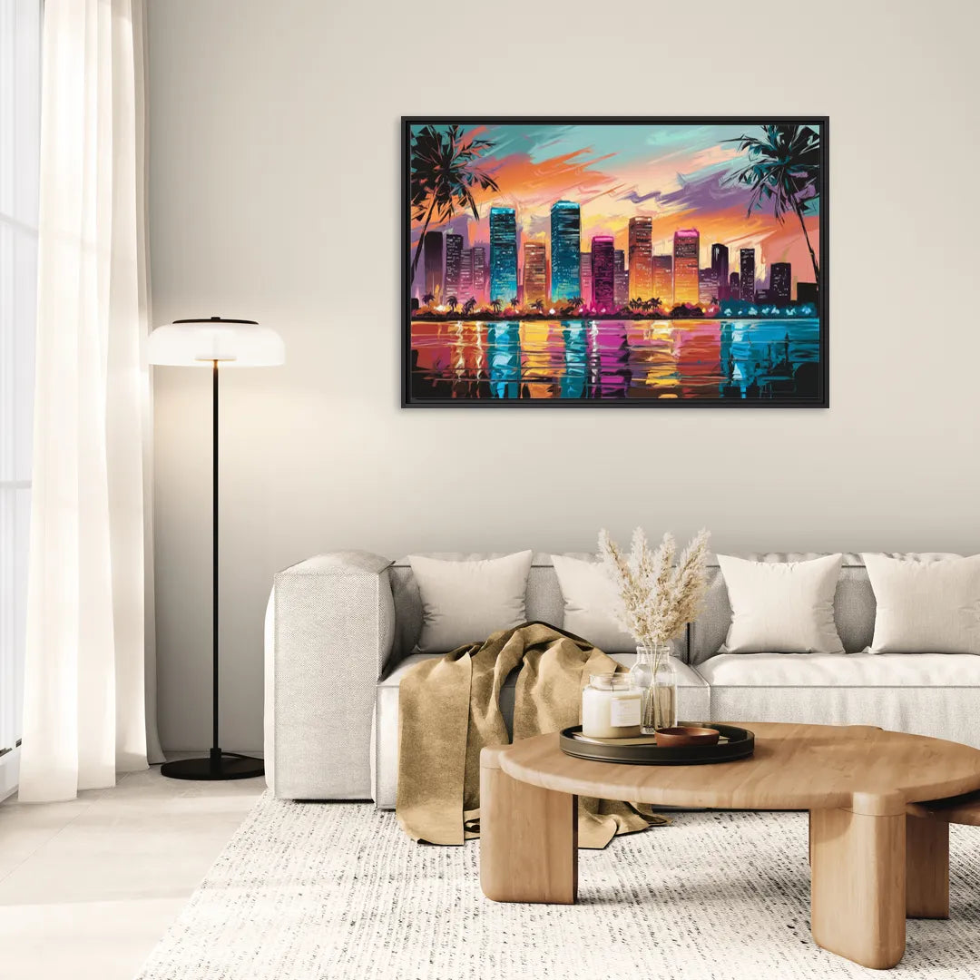 Miami Urban Sunset Glow - Living Room Black Frame Canvas