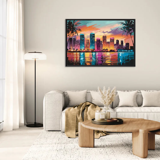 Miami Urban Sunset Glow - Living Room Black Frame Canvas