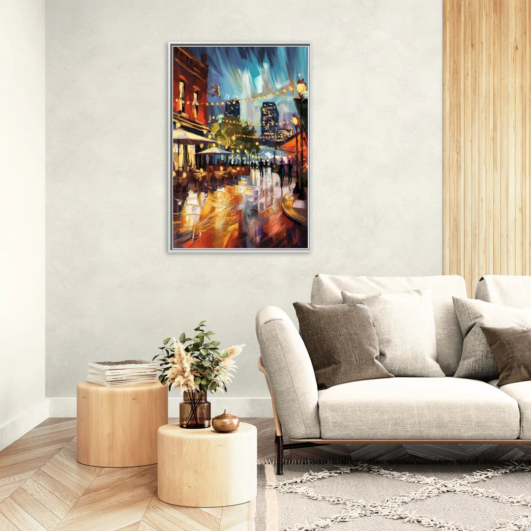 Fort Worth Sundance Square Lights - Living Room White Frame Canvas