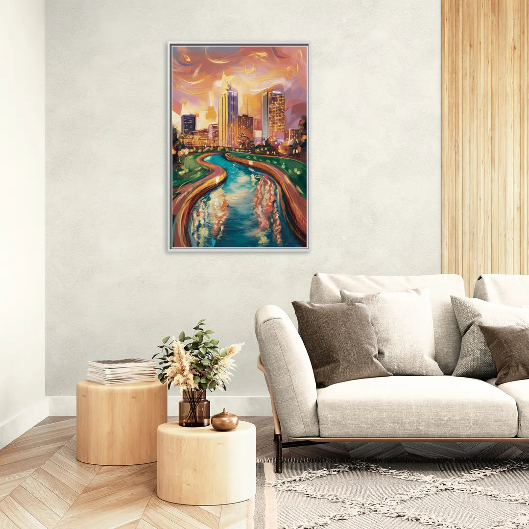 Oklahoma City Bricktown Canal - Living Room White Frame Canvas