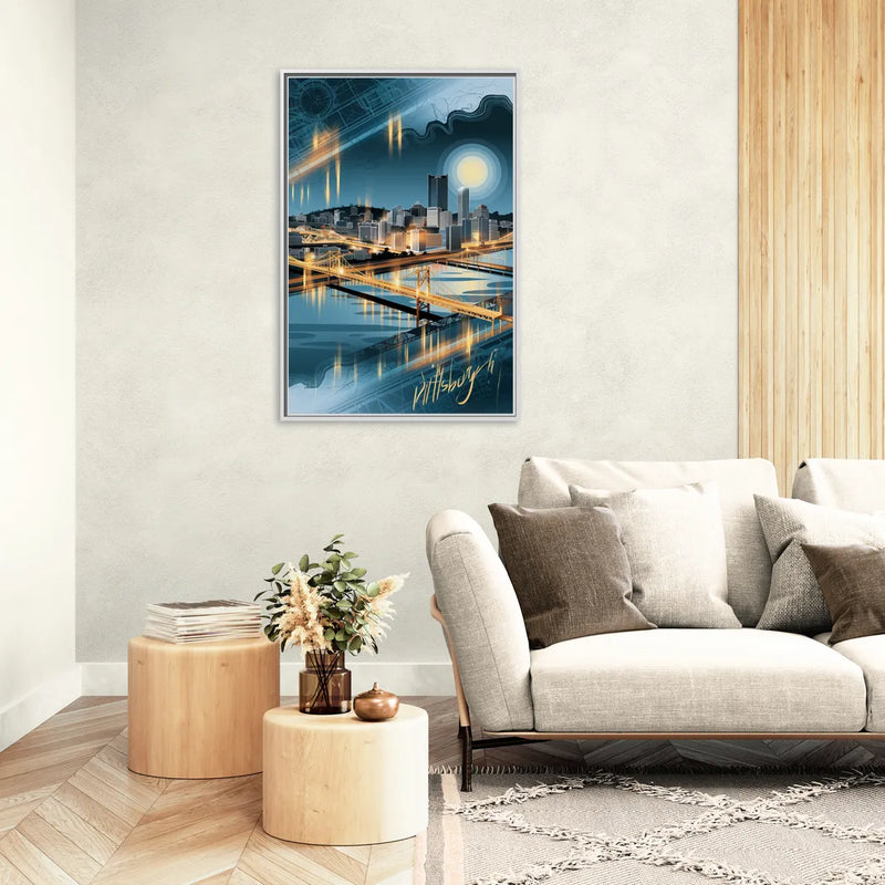 Pittsburgh Skyline and Map - Living Room White Frame Canvas