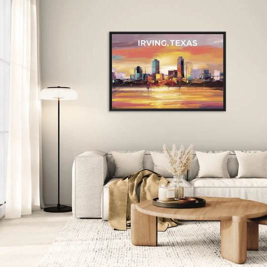 Irving Cityscape Sunset - Living Room Black Frame Canvas