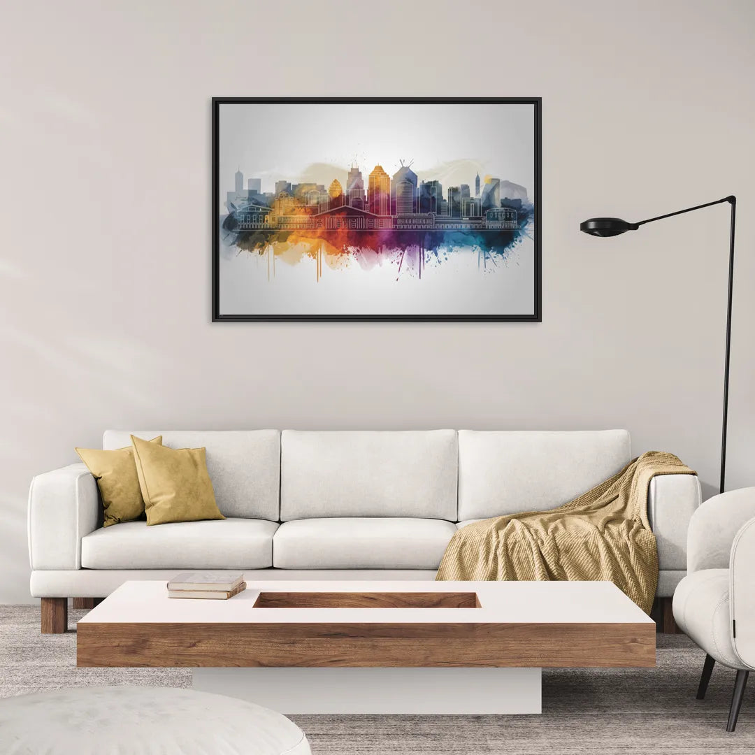 Minneapolis Downtown Cityscape - Living Room Black Frame Canvas