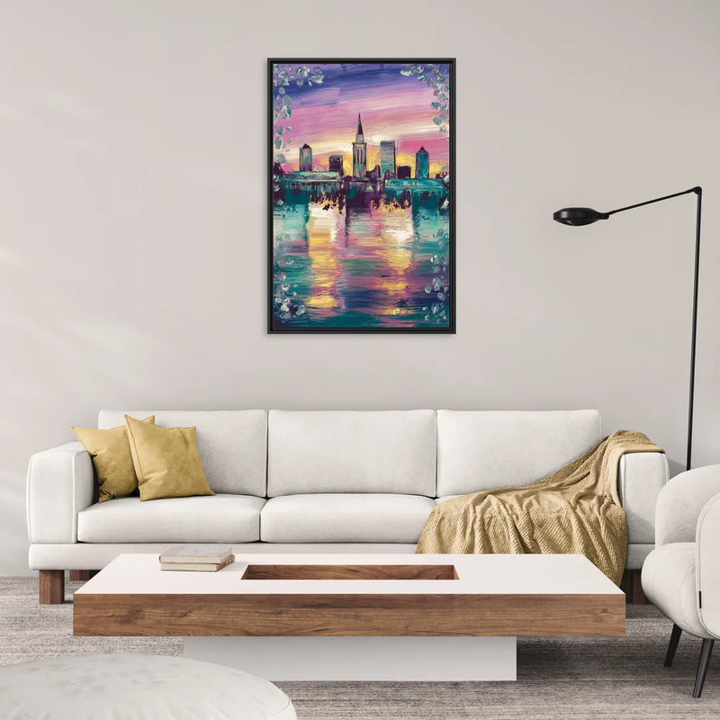 New Orleans Skyline at Sunset - Living Room Black Frame Canvas