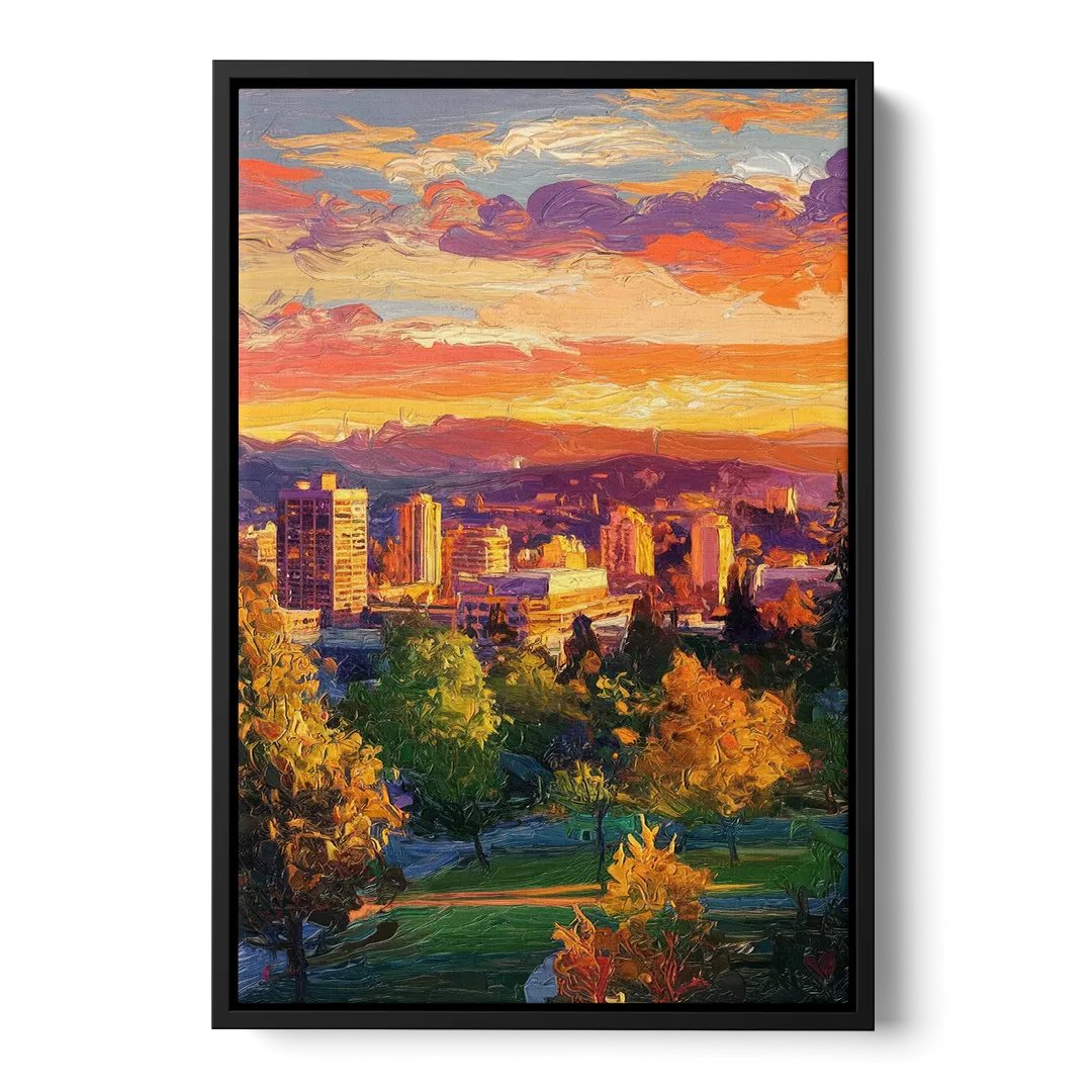 Eugene Skyline at Sunset - Black Frame Canvas