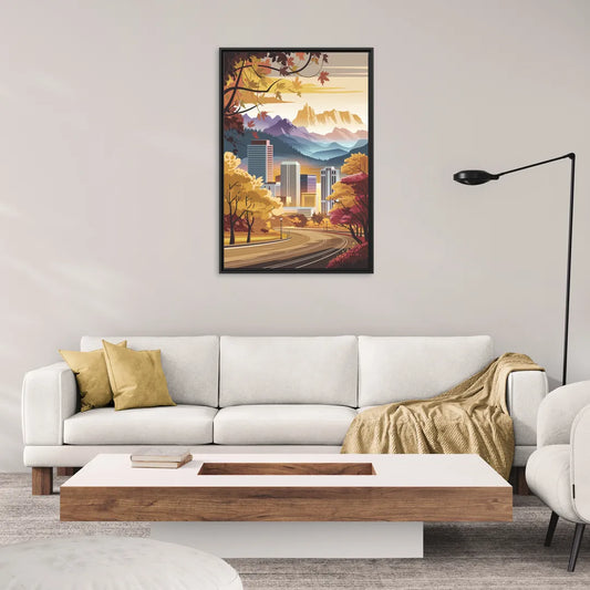 Denver Cityscape in Autumn - Living Room Black Frame Canvas