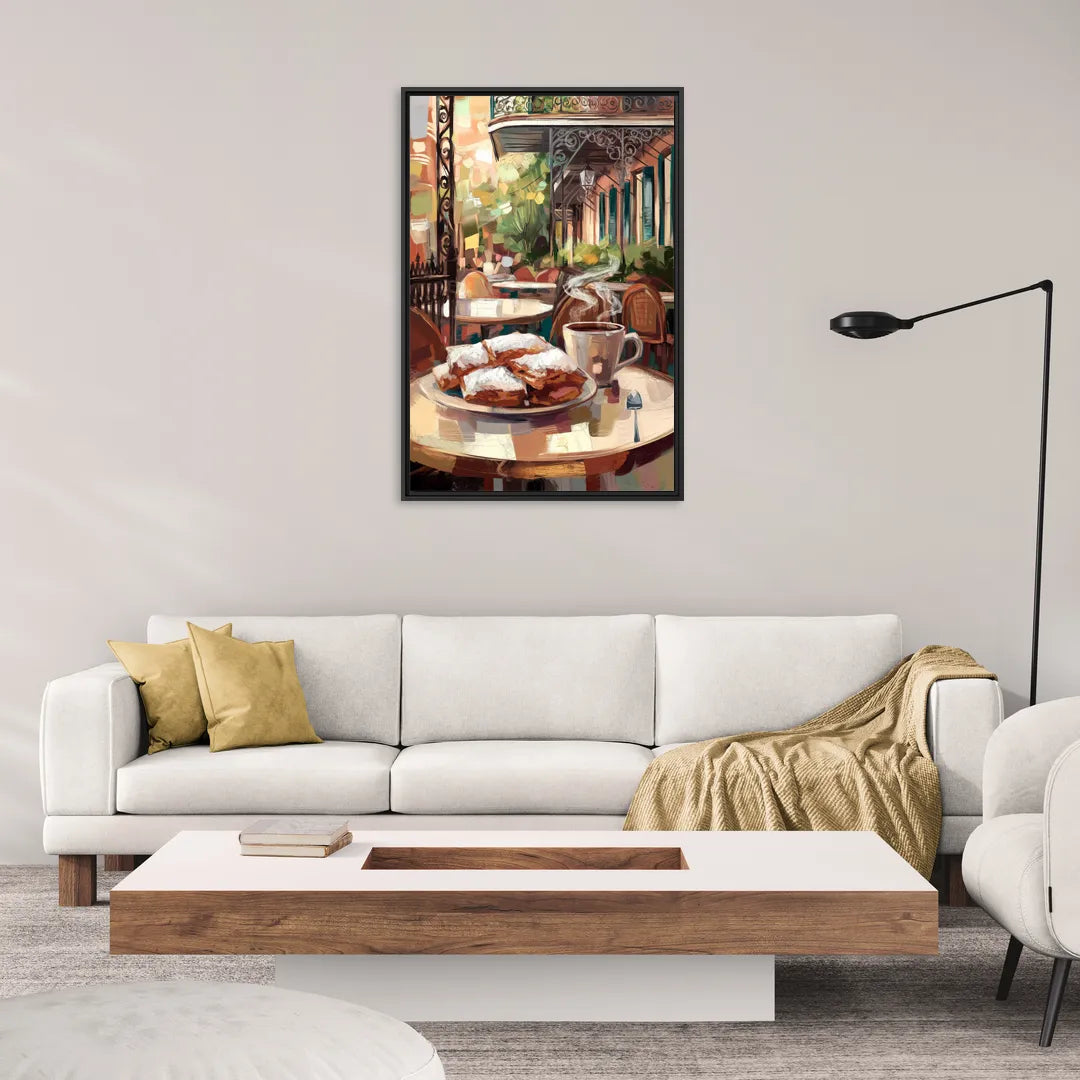 New Orleans Beignets and Coffee - Living Room Black Frame Canvas