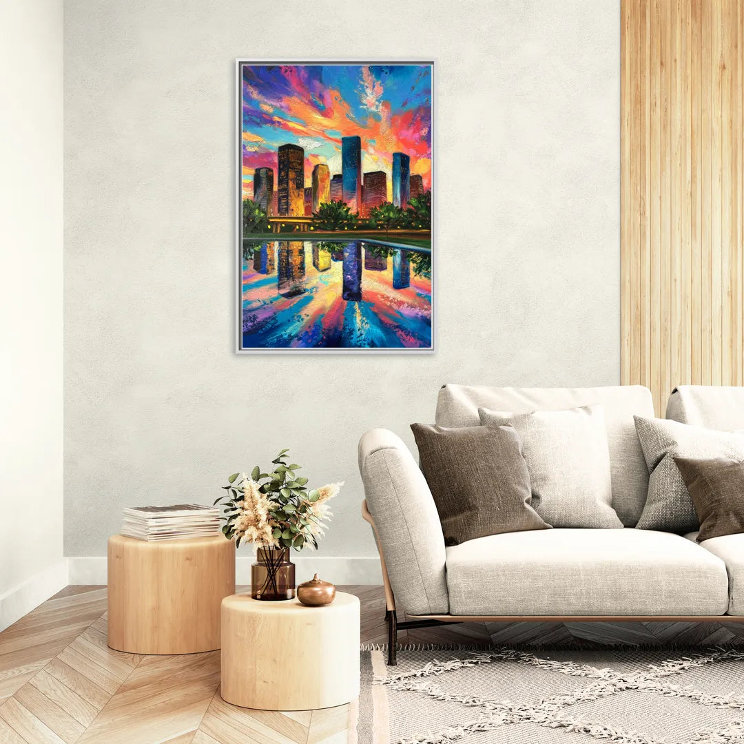 Houston Skyline Reflections - Living Room White Frame Canvas