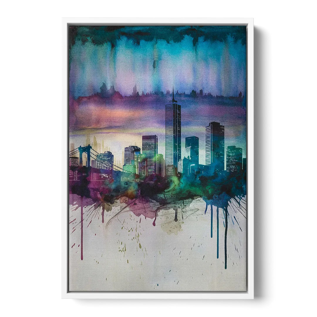 Boston Skyline in Watercolor - White Frame Canvas