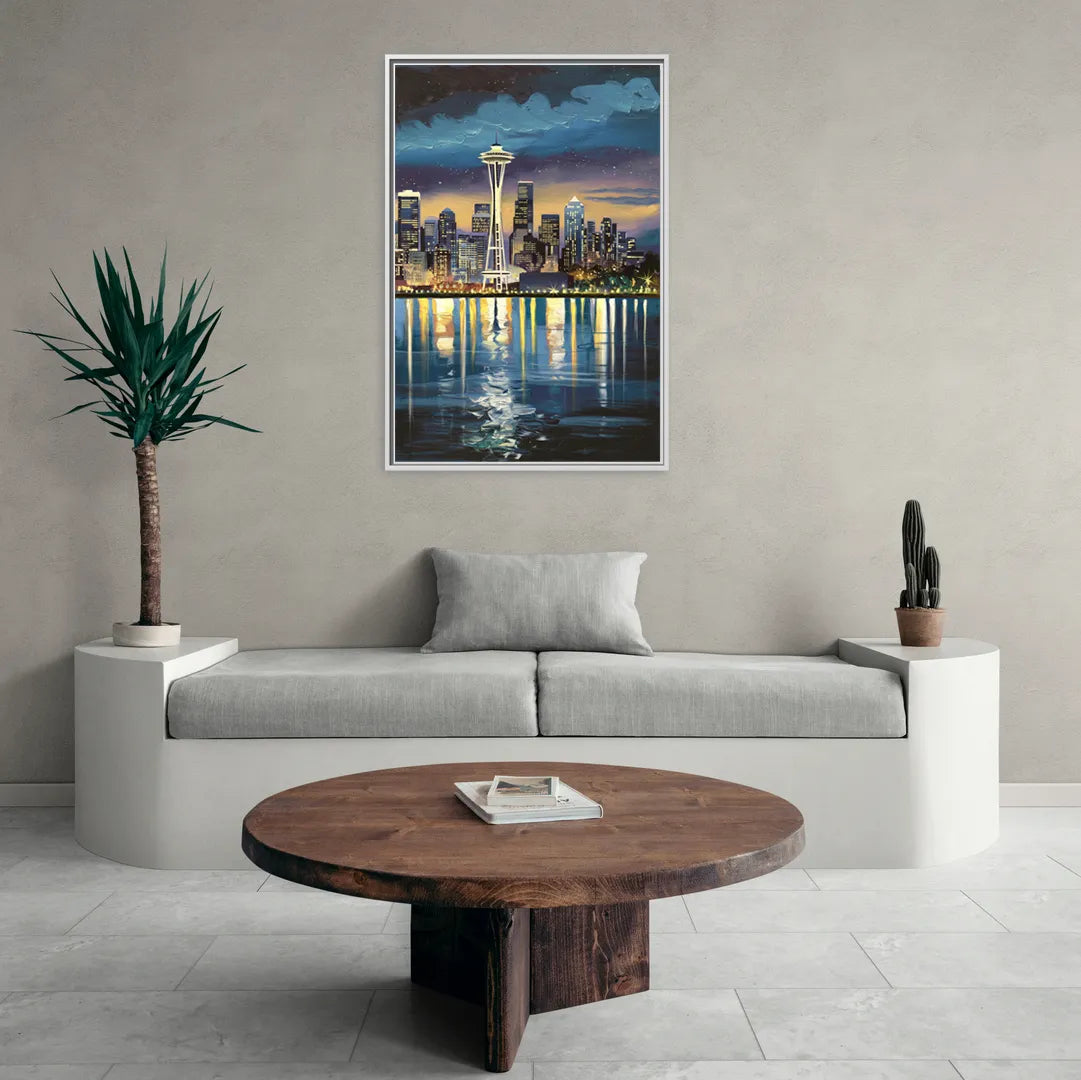 Seattle Skyline Reflection - Living Room White Frame Canvas