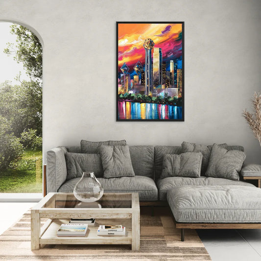 Dallas Skyline at Sunset - Living Room Black Frame Canvas